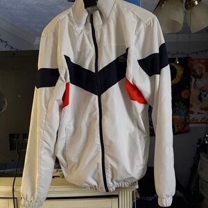 Lacoste Men's White and Navy Windbreaker with Red Accents